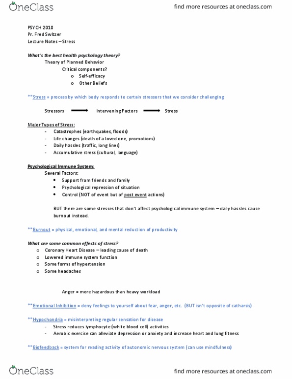 PSYCH 2010 Lecture Notes - Lecture 14: Hypochondriasis, Biofeedback, Autonomic Nervous System thumbnail