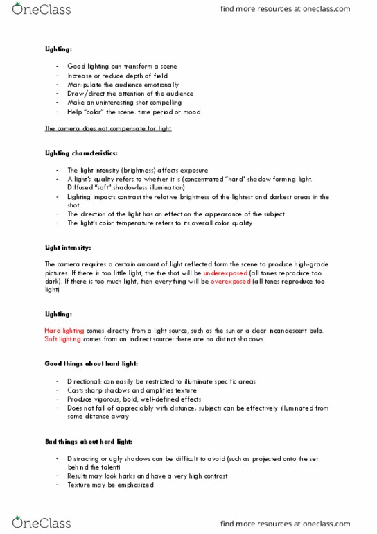 COMS 284 Lecture Notes - Lecture 4: Fill Light, Tungsten, Key Light thumbnail