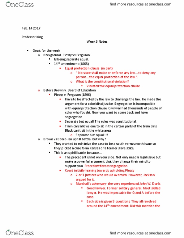SOCIOL 2309 Lecture Notes - Lecture 8: Earl Warren, Equal Protection Clause thumbnail