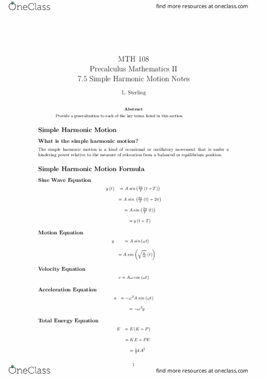 MTH 108 Lecture Notes - Lecture 19: Simple Harmonic Motion, Angular Frequency, Wave Equation thumbnail
