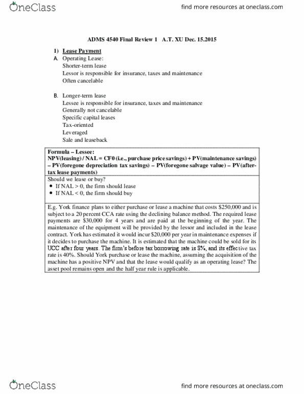 ADMS 4540 Lecture Notes - Lecture 5: Tax Shield, Cash Flow, Sensitivity Analysis thumbnail