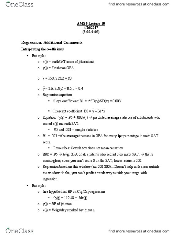 AMS 5 Lecture 10: Class 10 - Regression: Additional Comments thumbnail