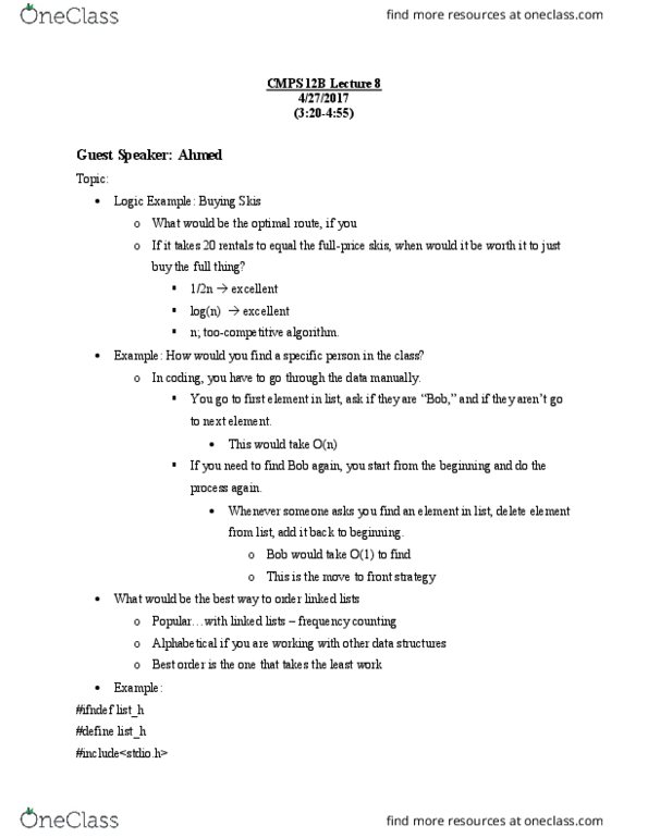 CSE 15 Lecture Notes - Lecture 8: Linked List thumbnail