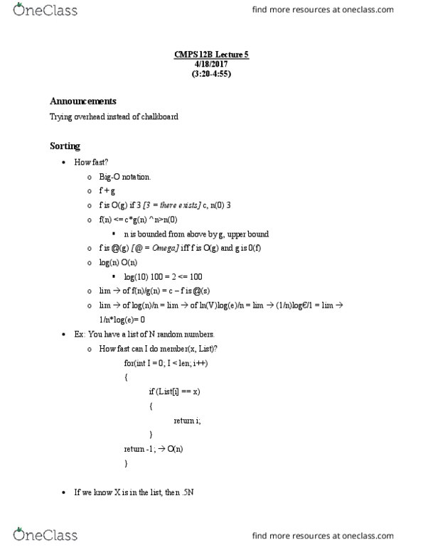 CSE 15 Lecture Notes - Lecture 5: Quicksort, Heapsort, Merge Sort thumbnail