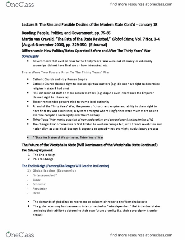 POLS 1150 Lecture 5: The Rise and Possible Decline of the Modern State Cont'd (January 18) thumbnail