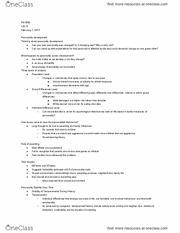 PSYB30H3 Lecture Notes - Lecture 5: Twin, Sensation Seeking, Childhood Gender Nonconformity thumbnail