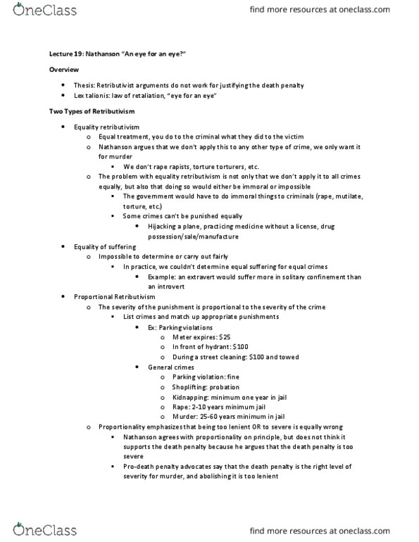 CAS PH 150 Lecture Notes - Lecture 19: Eye For An Eye, Retributive Justice, Solitary Confinement thumbnail