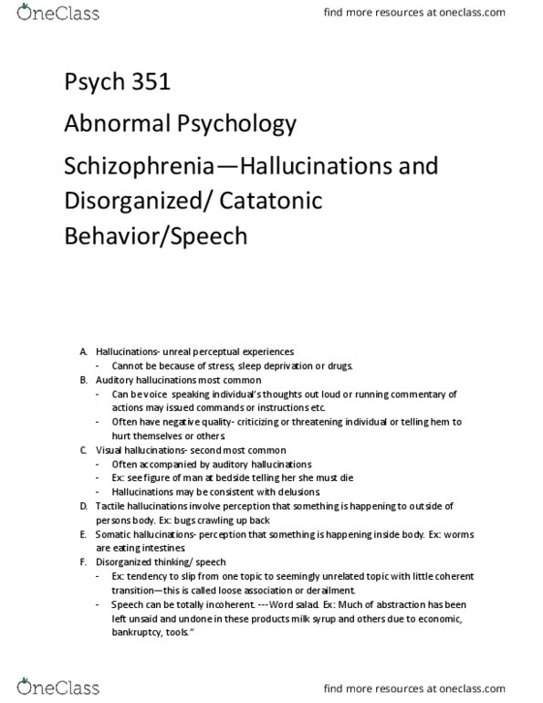 PSY 351 Chapter Notes - Chapter 8.5: Neologism, Auditory Hallucination, Catatonia thumbnail