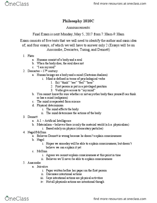 HON 1010C Lecture Notes - Lecture 23: Determinism, Solipsism, Materialism thumbnail