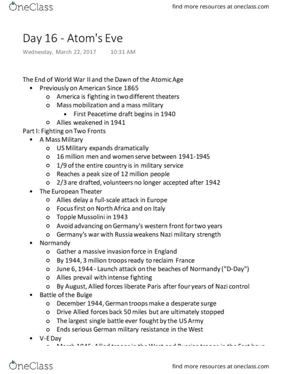 HST 102 Lecture Notes - Lecture 16: Victory Over Japan Day, Thermonuclear Weapon, Nuclear Warfare thumbnail