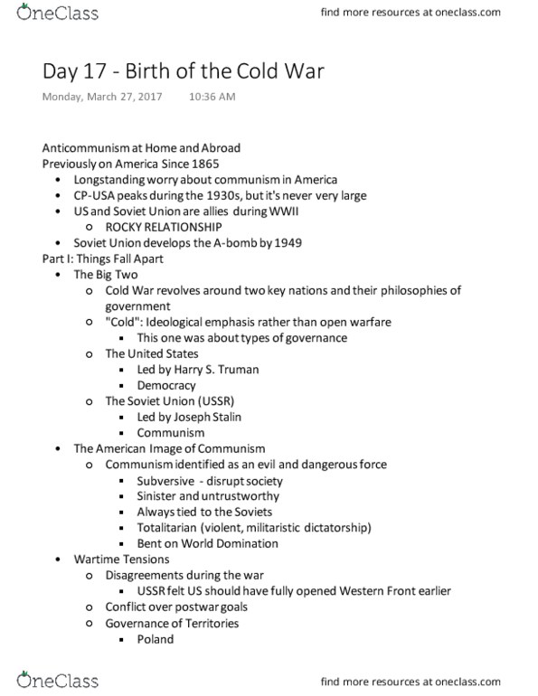 HST 102 Lecture Notes - Lecture 17: Crackdown, Klaus Fuchs, Smith Act thumbnail