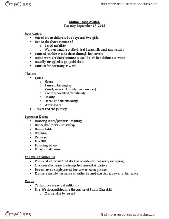 ENGLISH 2K06 Lecture Notes - Lecture 1: Jane Austen, Frank Churchill, Boarding School thumbnail