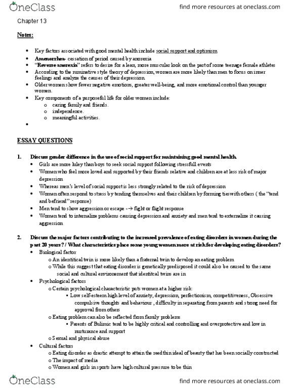 PSYC 3480 Chapter Notes - Chapter 13: Menopause, Class Discrimination, Postpartum Period thumbnail