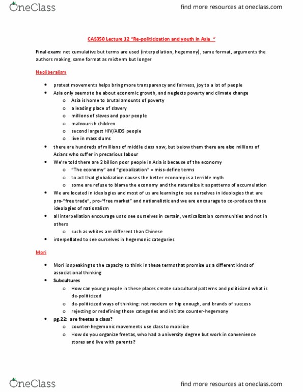 CAS350H1 Lecture Notes - Lecture 12: Parasite Single, Cultural Hegemony, Counterhegemony thumbnail