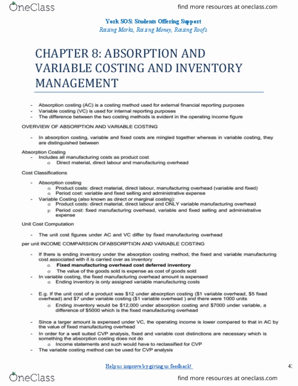 ACTG 2020 Chapter Notes - Chapter 8: Total Absorption Costing, Earnings Before Interest And Taxes, Variable Cost thumbnail
