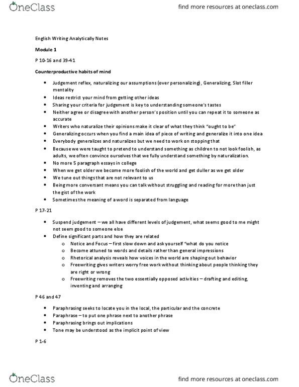 ENG-W 131 Chapter 1-20: Writing Analytically Notes thumbnail