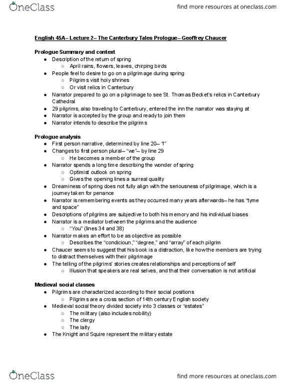 ENGLISH 45A Lecture Notes - Lecture 2: Canterbury Cathedral, Geoffrey Chaucer thumbnail