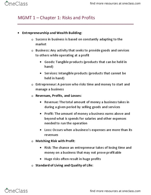 MGMT 1 Chapter Notes - Chapter 1: Retail, E-Commerce, Economy 7 thumbnail