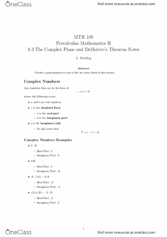 MTH 108 Lecture Notes - Lecture 22: Imaginary Number, Precalculus thumbnail