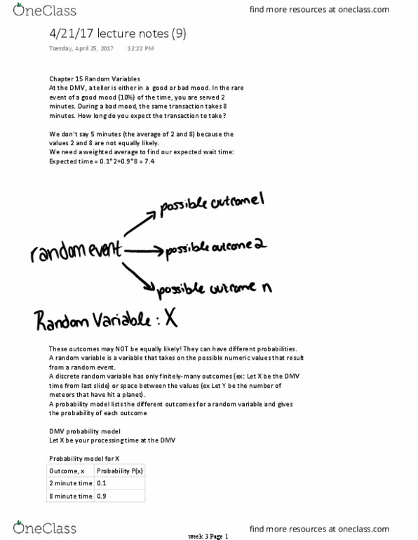 MATH 11 Lecture Notes - Lecture 9: Random Variable, Weighted Arithmetic Mean, Standard Deviation thumbnail