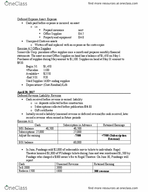 BUS 020 Lecture Notes - Lecture 3: Regal Entertainment Group, Deferred Income, Deferral thumbnail