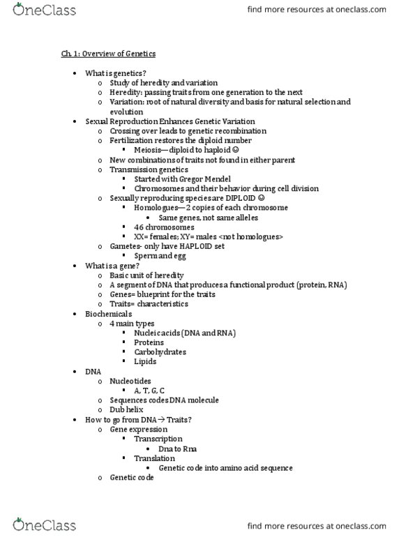 BIO-2400 Lecture Notes - Lecture 1: Arabidopsis Thaliana, Drosophila Melanogaster, Saccharomyces thumbnail
