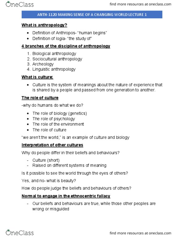 ANTH 1120 Lecture Notes - Lecture 1: Moral Treatment, Institute For Operations Research And The Management Sciences, Cultural Relativism thumbnail