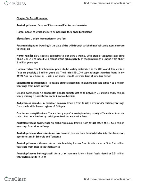 ANTHROP 1AA3 Chapter Notes - Chapter 5: Mousterian, Homo Heidelbergensis, Paranthropus thumbnail