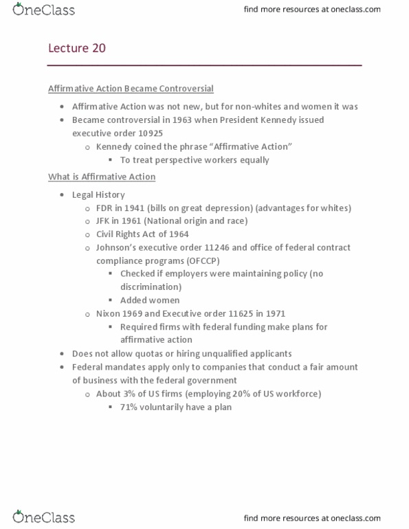 SOC 134 Lecture Notes - Lecture 20: Underemployment, Executive Order 10925, Executive Order 11246 thumbnail