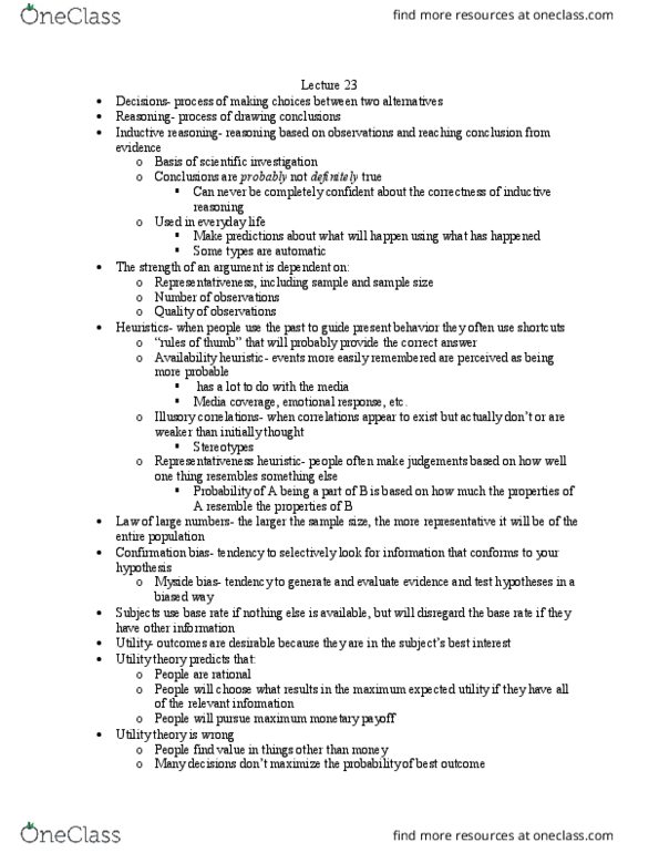 PSYC 301L Lecture Notes - Lecture 23: Availability Heuristic, Representativeness Heuristic, Utility thumbnail