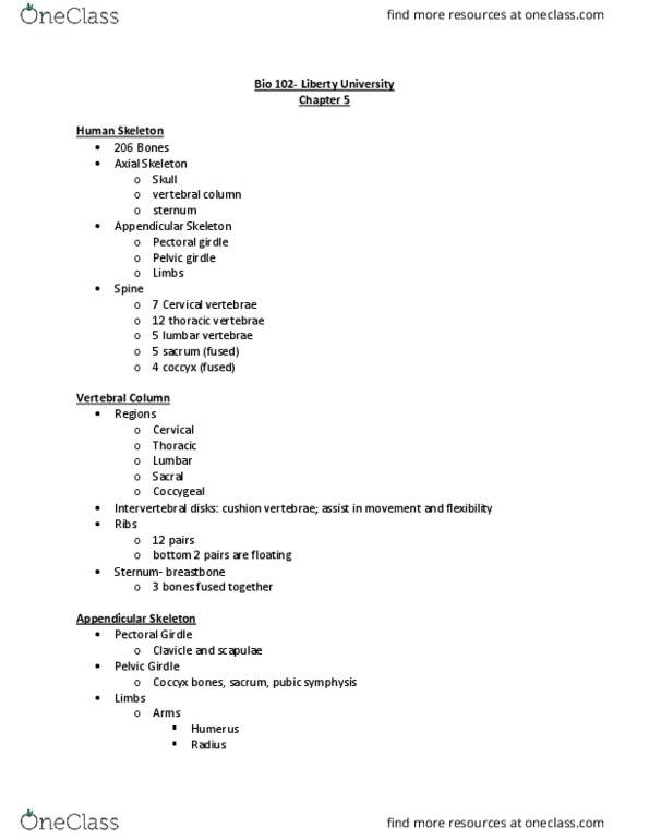 BIOL 102 Lecture Notes - Lecture 13: Synovial Joint, Cartilaginous Joint, Humerus thumbnail