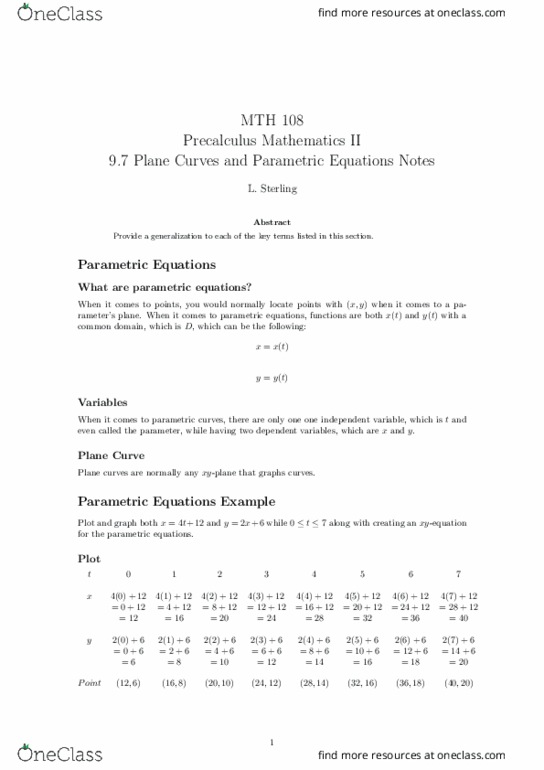 MTH 108 Lecture Notes - Lecture 30: Precalculus thumbnail