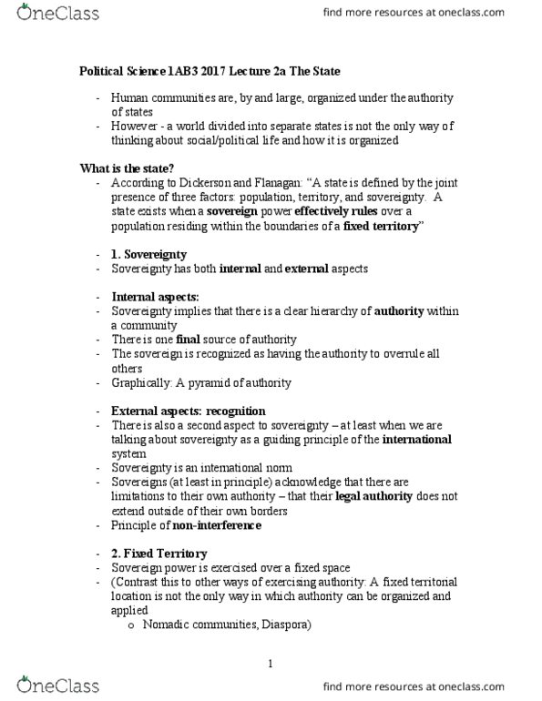 CLASSICS 1M03 Lecture 2: Political Science 1AB3 2017 Lecture 2a overhead state/ Prof. Todd Alway thumbnail