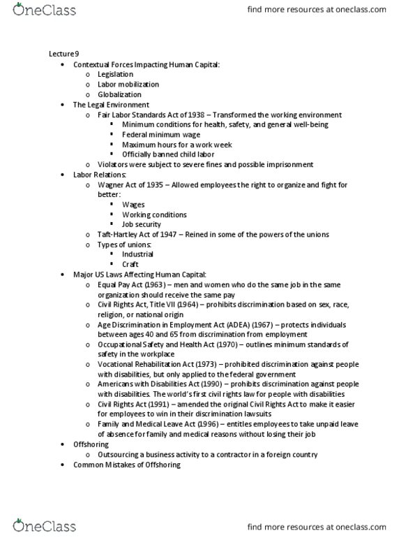 MGT 201 Lecture Notes - Lecture 9: Offshoring, Outsourcing, Vocational Rehabilitation Act Of 1973 thumbnail