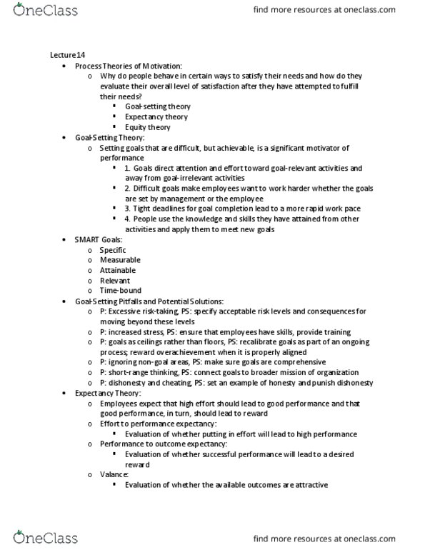 MGT 201 Lecture Notes - Lecture 14: Equity Theory, Expectancy Theory thumbnail