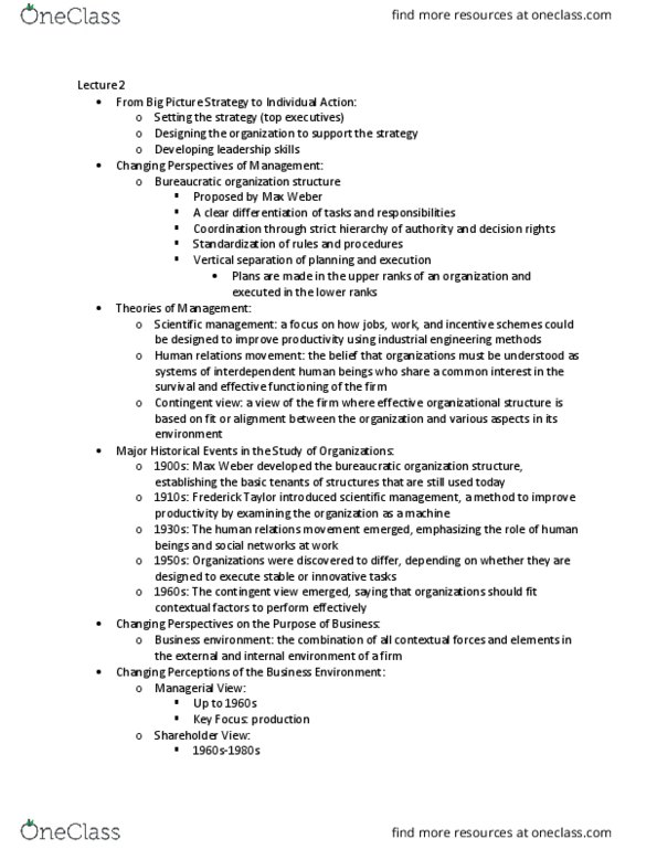 MGT 201 Lecture Notes - Lecture 2: Human Relations Movement, Industrial Engineering, Scientific Management thumbnail