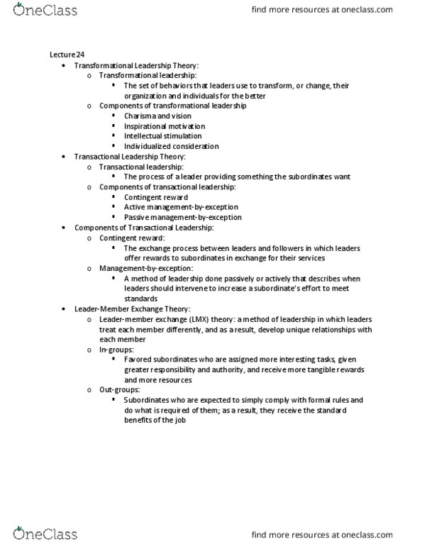 MGT 201 Lecture Notes - Lecture 24: Situational Leadership Theory, Fiedler Contingency Model, Transactional Leadership thumbnail