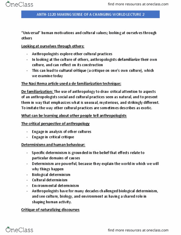 ANTH 1120 Lecture Notes - Lecture 2: Neuroplasticity, Cultural Relativism, Margaret Mead thumbnail