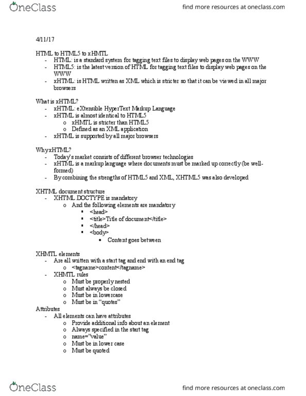 MIS 180 Lecture Notes - Lecture 7: Xhtml, Xml thumbnail