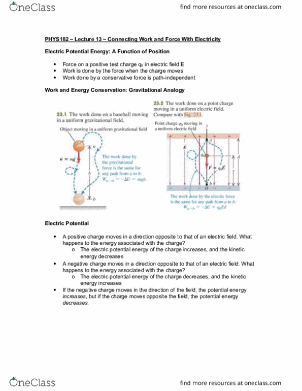 PHYSICS 182 Lecture Notes - Lecture 13: Electric Potential Energy, Electric Potential, Test Particle thumbnail