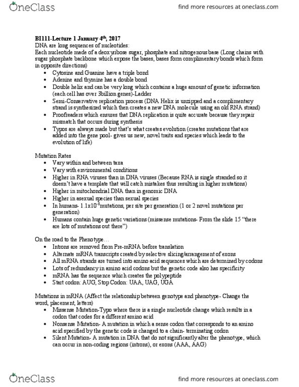 BI111 Lecture Notes - Lecture 1: Genetic Drift, Mendelian Inheritance, Mitosis thumbnail