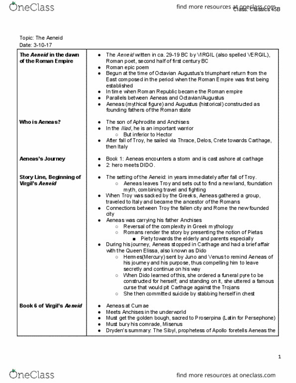 CLASSIC 45B Lecture Notes - Lecture 13: Proserpina, Misenus, Aeneid thumbnail