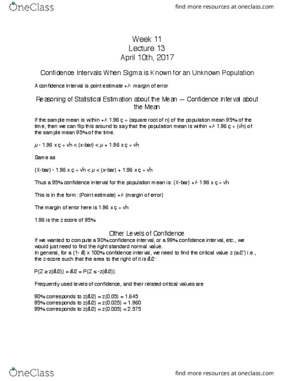 STAT 100 Lecture Notes - Lecture 13: Sampling Distribution, Interval Estimation, Point Estimation thumbnail