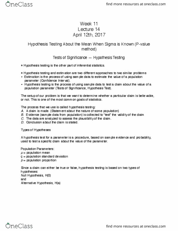 STAT 100 Lecture Notes - Lecture 14: Normal Distribution, Type I And Type Ii Errors, Null Hypothesis thumbnail