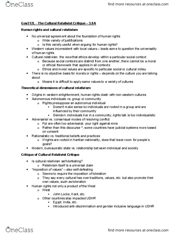 GOV 312L Lecture Notes - Lecture 24: Cultural Relativism, Universal Declaration Of Human Rights, Relativism thumbnail