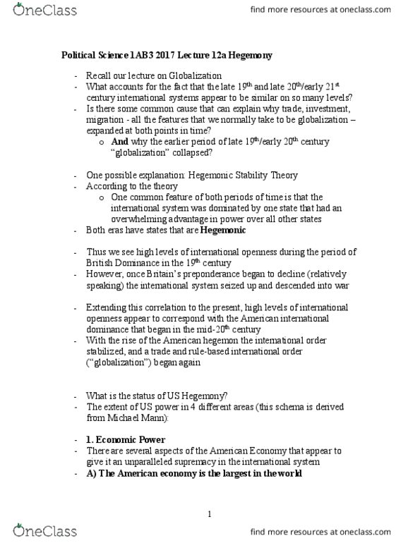 CLASSICS 1M03 Lecture Notes - Lecture 15: Purchasing Power Parity, De Facto Currency, Hegemony thumbnail