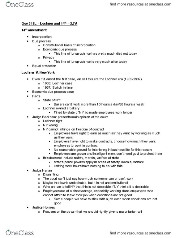 GOV 312L Lecture Notes - Lecture 24: Absolution, Lochner Era, Lochner V. New York thumbnail