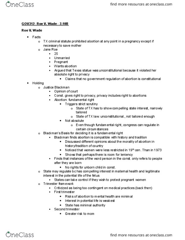 GOV 312L Lecture Notes - Lecture 29: Fetus, Lochner V. New York, Strict Scrutiny thumbnail