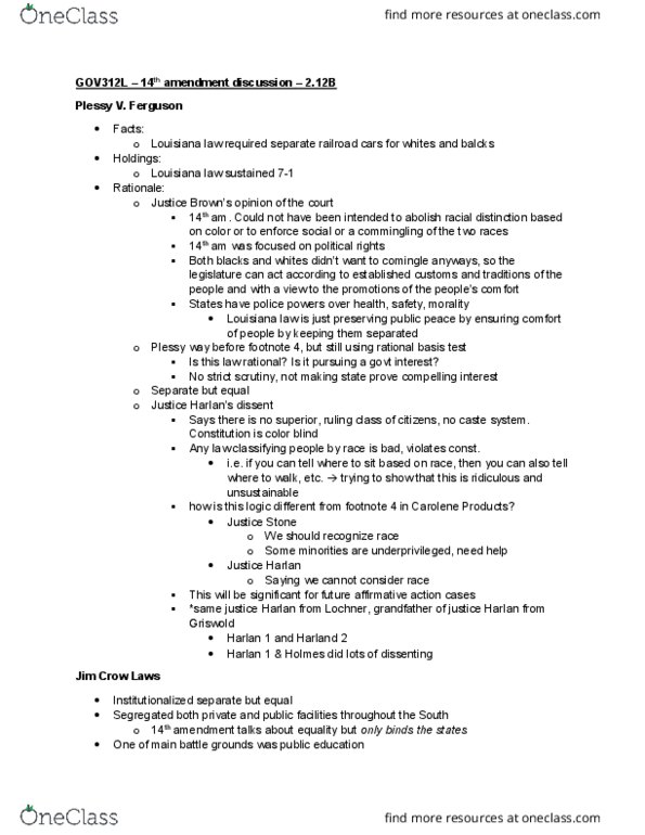 GOV 312L Lecture Notes - Lecture 32: Equal Protection Clause, Rational Basis Review, Jim Crow Laws thumbnail