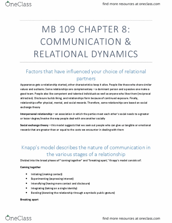 MB109 Chapter Notes - Chapter 8: Meta-Communication, Collectivism, Physical Intimacy thumbnail